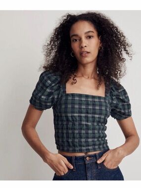 I Green Plaid Square-Neck Puff Sleeve Crop Top